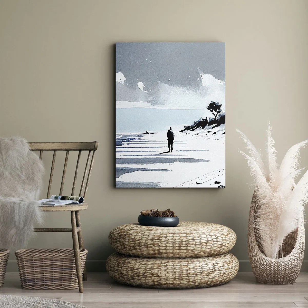 Bild auf Leinwand - Leinwandbild - Eine einsame Gestalt, die an einem leeren Strand entlanggeht - 50x70cm - Allein sein - Moderne Wanddekoration für Wohnzimmer und Schlafzimmer ARTTOR