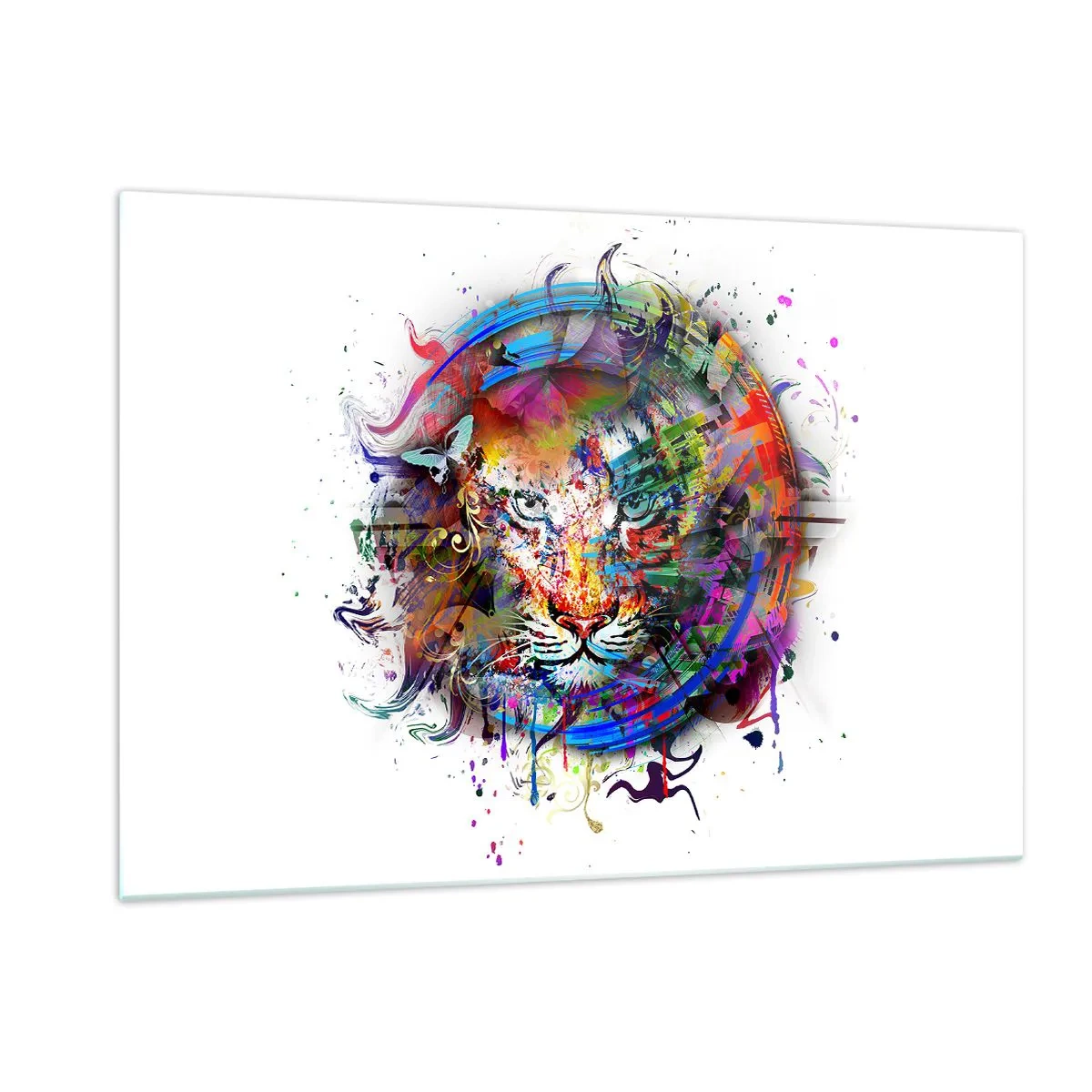 Glasbild - Bild auf glas - Farbenfrohes Löwenporträt im künstlerischen Stil mit abstrakten Akzenten - 120x80cm - Es lauert hinter einem Regenbogenschleier - Moderne Wanddekoration für Wohnzimmer und Schlafzimmer ARTTOR