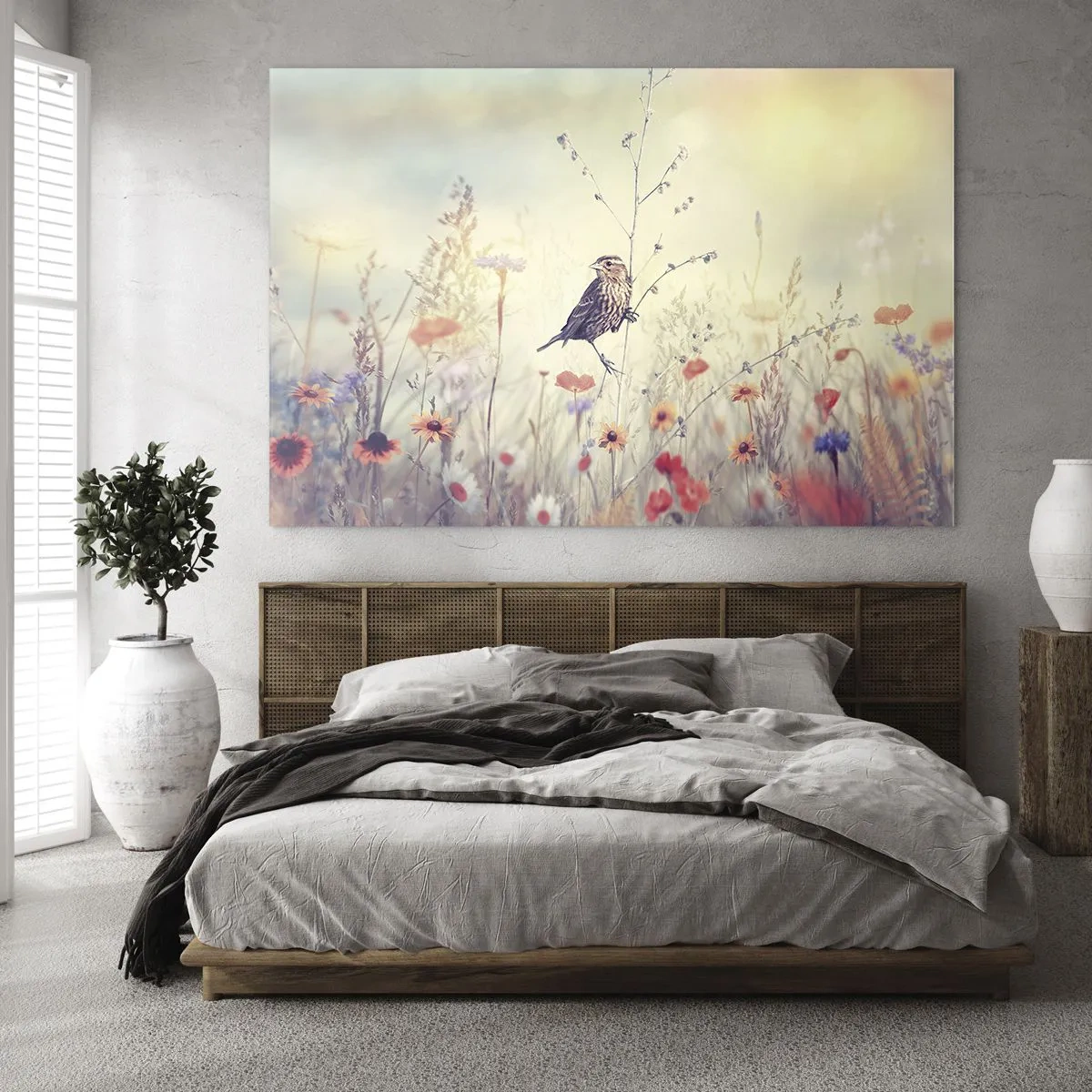 Glasbild - Bild auf glas - Ein Vogel auf einer Blumenwiese im Sonnenschein - 120x80cm - Vogelporträt mit einer Wiese im Hintergrund - Moderne Wanddekoration für Wohnzimmer und Schlafzimmer ARTTOR