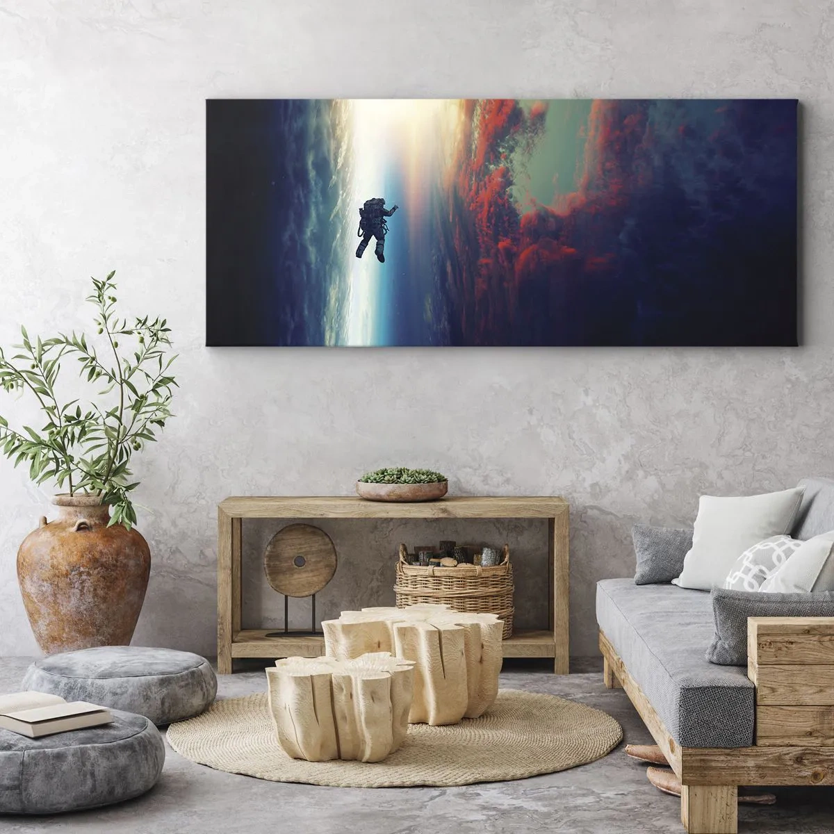 Bild auf Leinwand - Leinwandbild - Ein Astronaut schwebt im Weltraum über einer bunten Erde - 160x50cm - Sich dem Universum stellen - Moderne Wanddekoration für Wohnzimmer und Schlafzimmer ARTTOR
