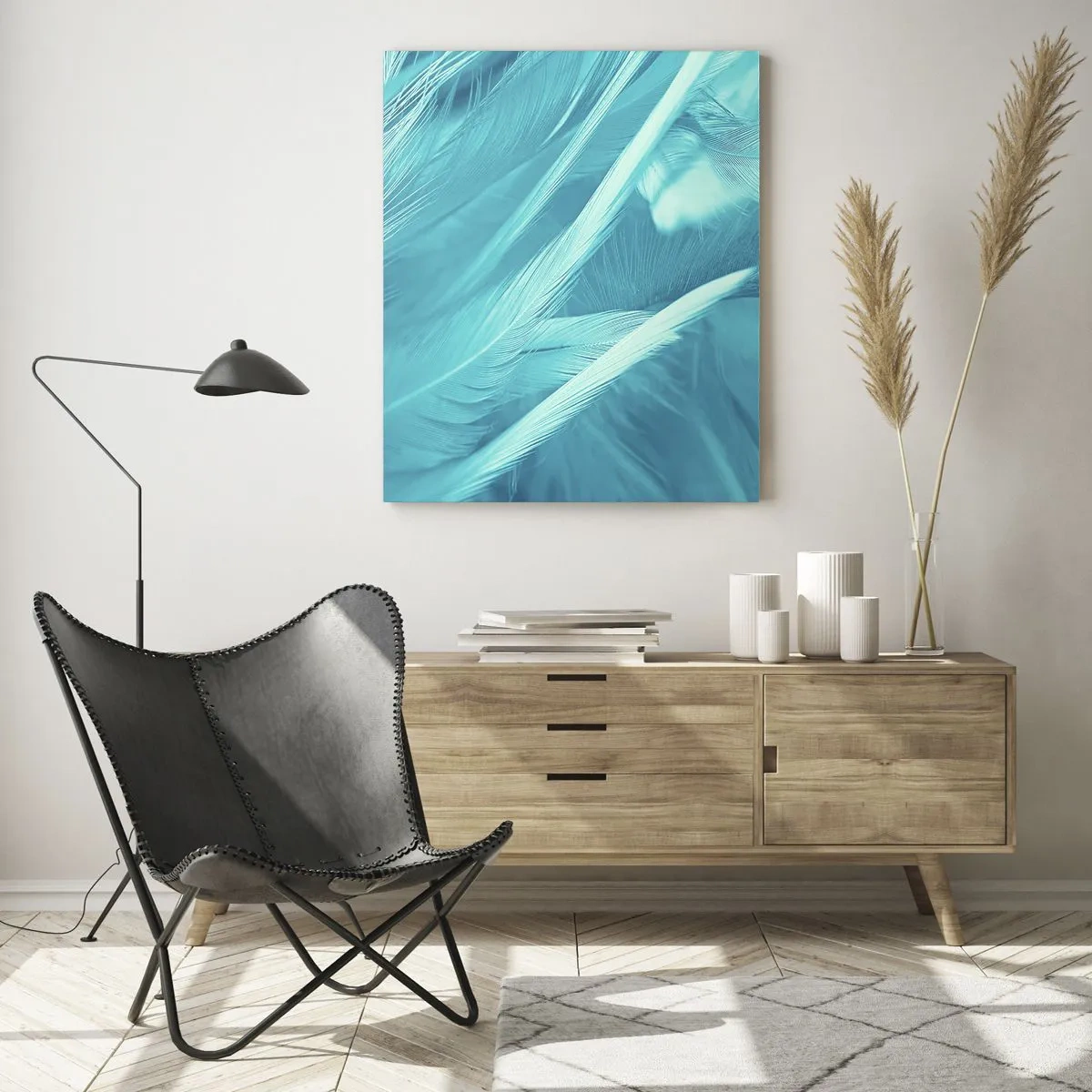 Glasbild - Bild auf glas - Türkisfarbene Federn in zarter Nahaufnahme - 50x70cm - In Pulver ertrinken - Moderne Wanddekoration für Wohnzimmer und Schlafzimmer ARTTOR