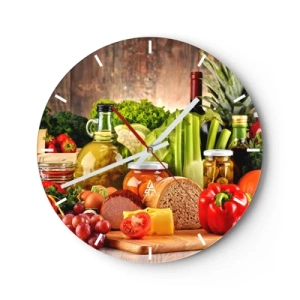 Wanduhr - Glasuhr - Verschiedene Lebensmittel auf einem hölzernen Hintergrund - 30x30cm - Geräuchert, gebacken und eingelegt - Moderne Wanddekoration für Wohnzimmer, Küche und Schlafzimmer ARTTOR