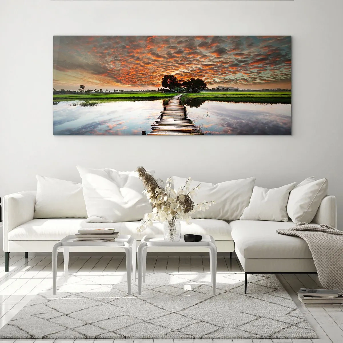 Glasbild - Bild auf glas - Holzbrücke über dem Wasser bei Sonnenuntergang - 140x50cm - Arme ausstrecken - atmen - Moderne Wanddekoration für Wohnzimmer und Schlafzimmer ARTTOR