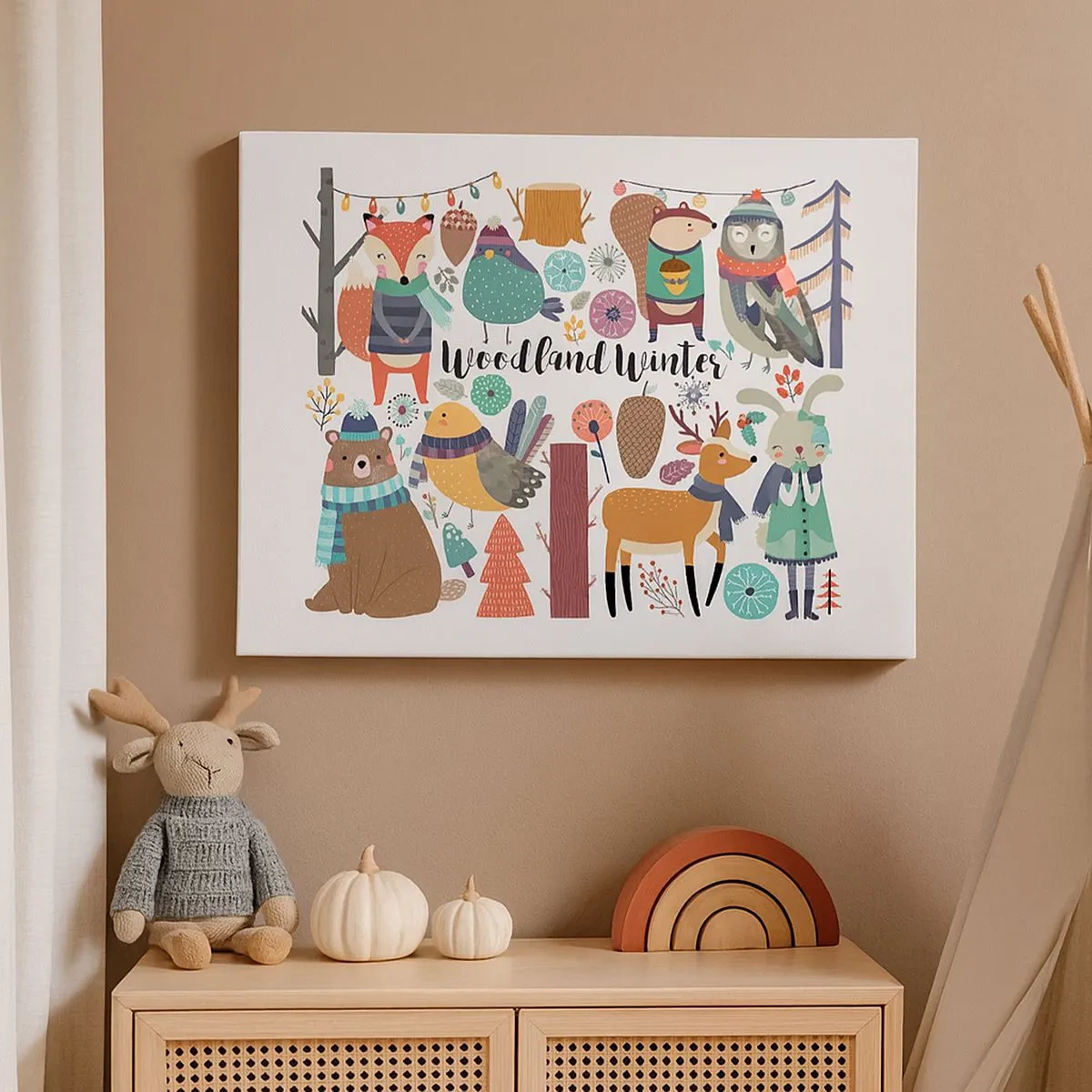 Bild auf Leinwand - Leinwandbild - Winterwaldtiere in farbenfrohen Grafiken - 70x50cm - Märchenhafter Urlaub im Wald - Moderne Wanddekoration für Wohnzimmer und Schlafzimmer ARTTOR