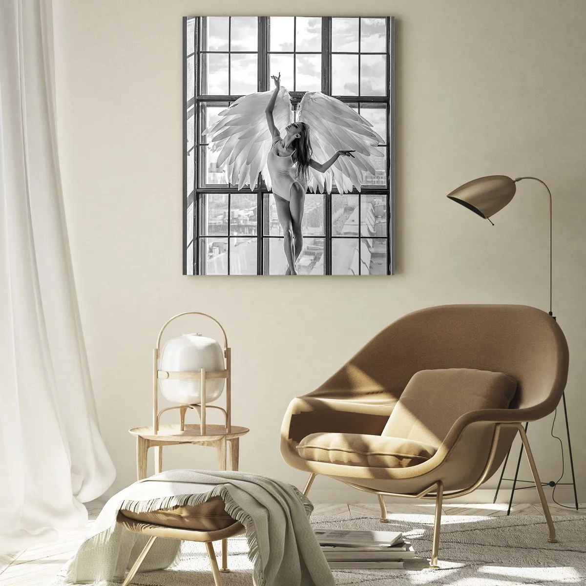 Glasbild - Bild auf glas - Ballerina mit Engelsflügeln in Schwarz und Weiß - 50x70cm - Stadt der Engel? - Moderne Wanddekoration für Wohnzimmer und Schlafzimmer ARTTOR