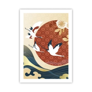 Poster - Japanische Komposition mit Kranichen, Wellen und einem roten Kreis - 50x70cm - Japanisches Märchen - Moderne Wanddekoration für Wohnzimmer und Schlafzimmer ARTTOR
