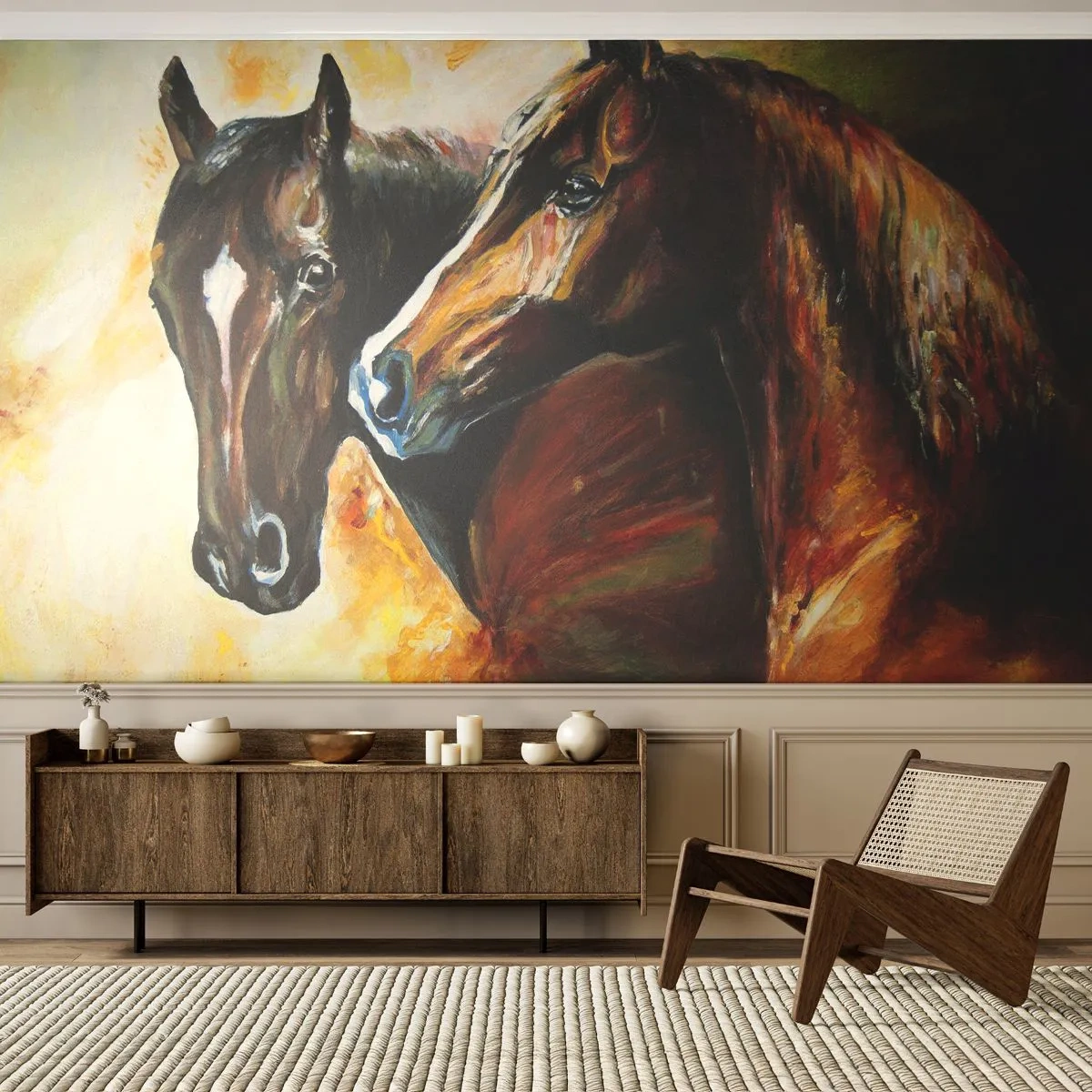 Fototapete Premium Sand - Zwei Pferde in malerischer Interpretation - 100x70cm - Doppelt anmutig - Moderne Wanddekoration für Wohnzimmer und Schlafzimmer ARTTOR