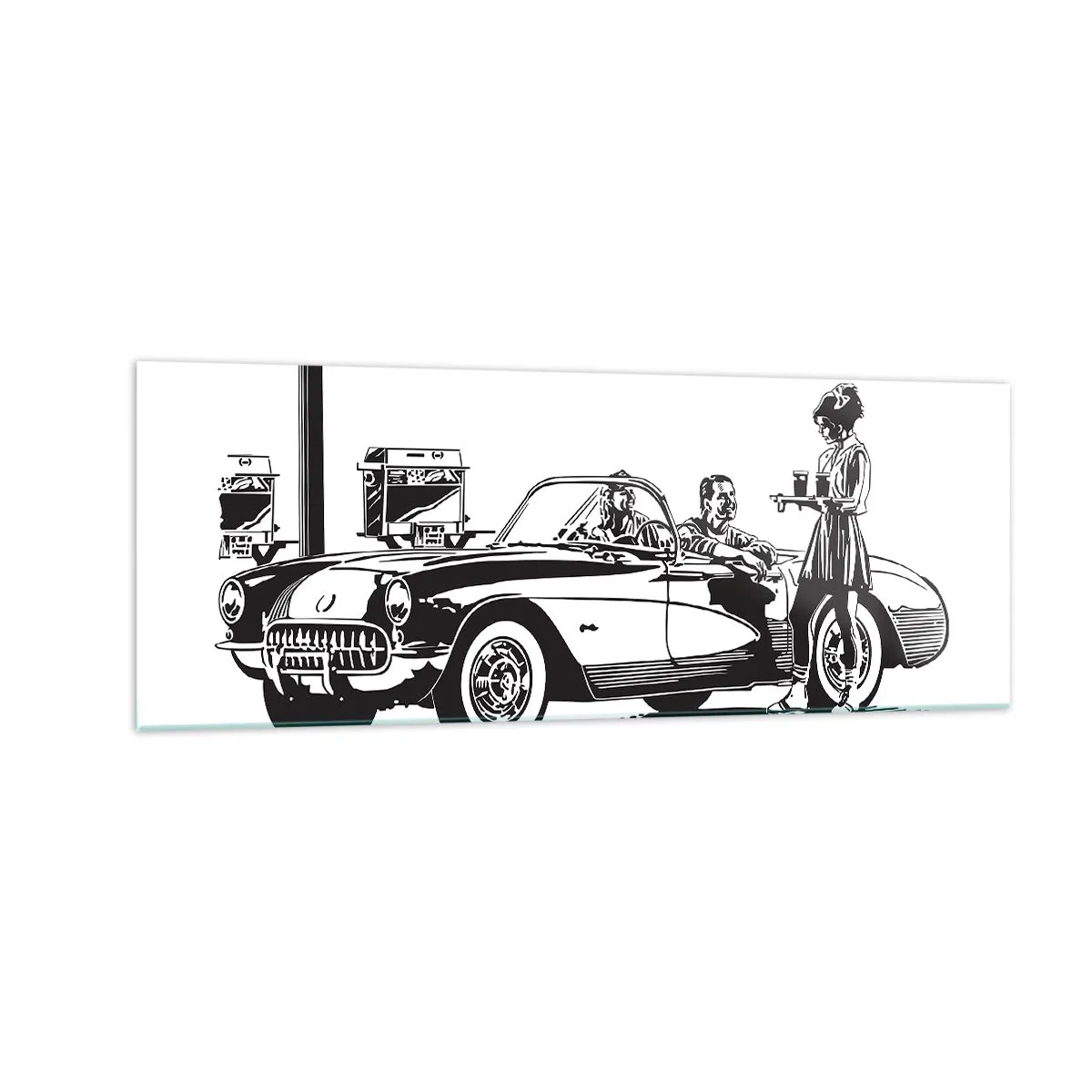 Glasbild - Bild auf glas - Eine schwarz-weiße Retro-Szene mit einem Auto und einer Kellnerin auf Rollschuhen. - 140x50cm - 60. - unbeschwertes Amerika - Moderne Wanddekoration für Wohnzimmer und Schlafzimmer ARTTOR