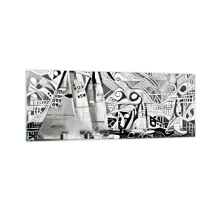 Glasbild - Bild auf glas - Abstrakte Segelboote in einer monochromen Komposition - 140x50cm - Zwischen den Wellen - Moderne Wanddekoration für Wohnzimmer und Schlafzimmer ARTTOR