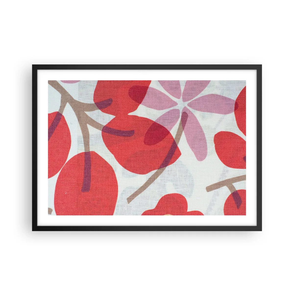 Poster in einem schwarzem Rahmen - Blüten und Blätter in Rot- und Rosatönen - 70x50cm - Blumenarrangement in Rosa - Moderne Wanddekoration für Wohnzimmer und Schlafzimmer ARTTOR