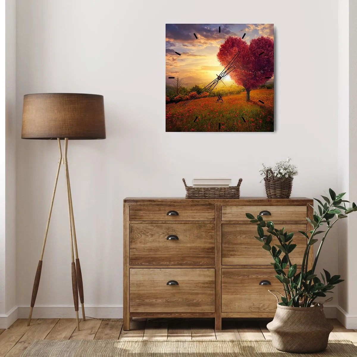 Wanduhr - Glasuhr - Herzförmiger Baum bei Sonnenuntergang - 30x30cm - Berührt das Herz - Moderne Wanddekoration für Wohnzimmer und Schlafzimmer ARTTOR