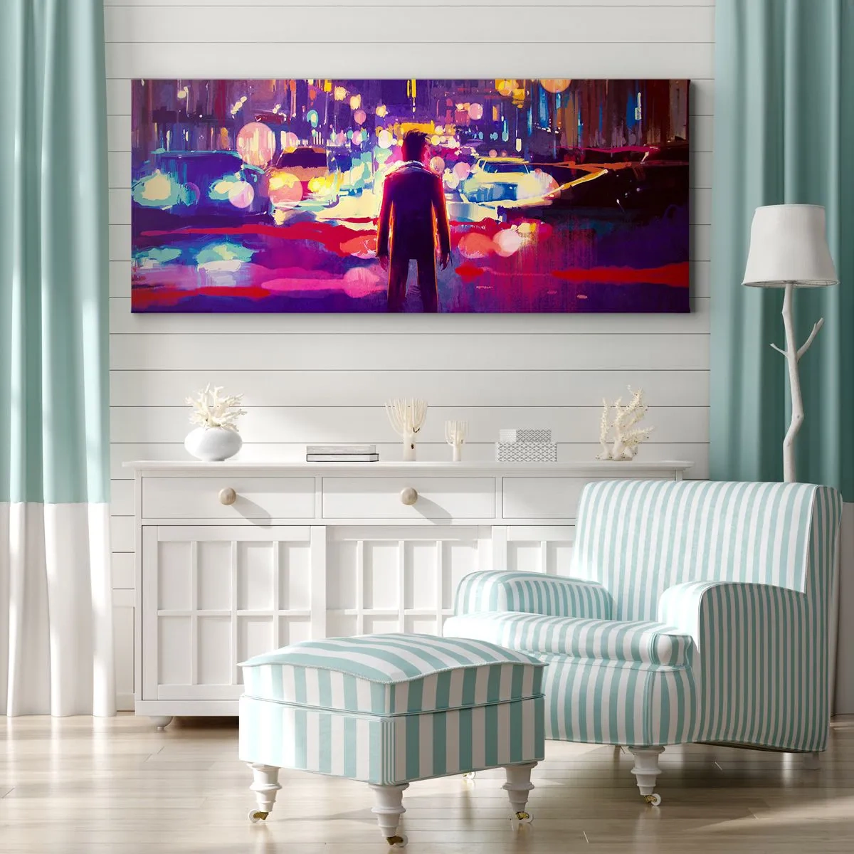 Bild auf Leinwand - Leinwandbild - Ein Mann in einer neonfarbenen Nachtszene einer Stadt - 140x50cm - Eingetaucht in das Licht - Moderne Wanddekoration für Wohnzimmer und Schlafzimmer ARTTOR