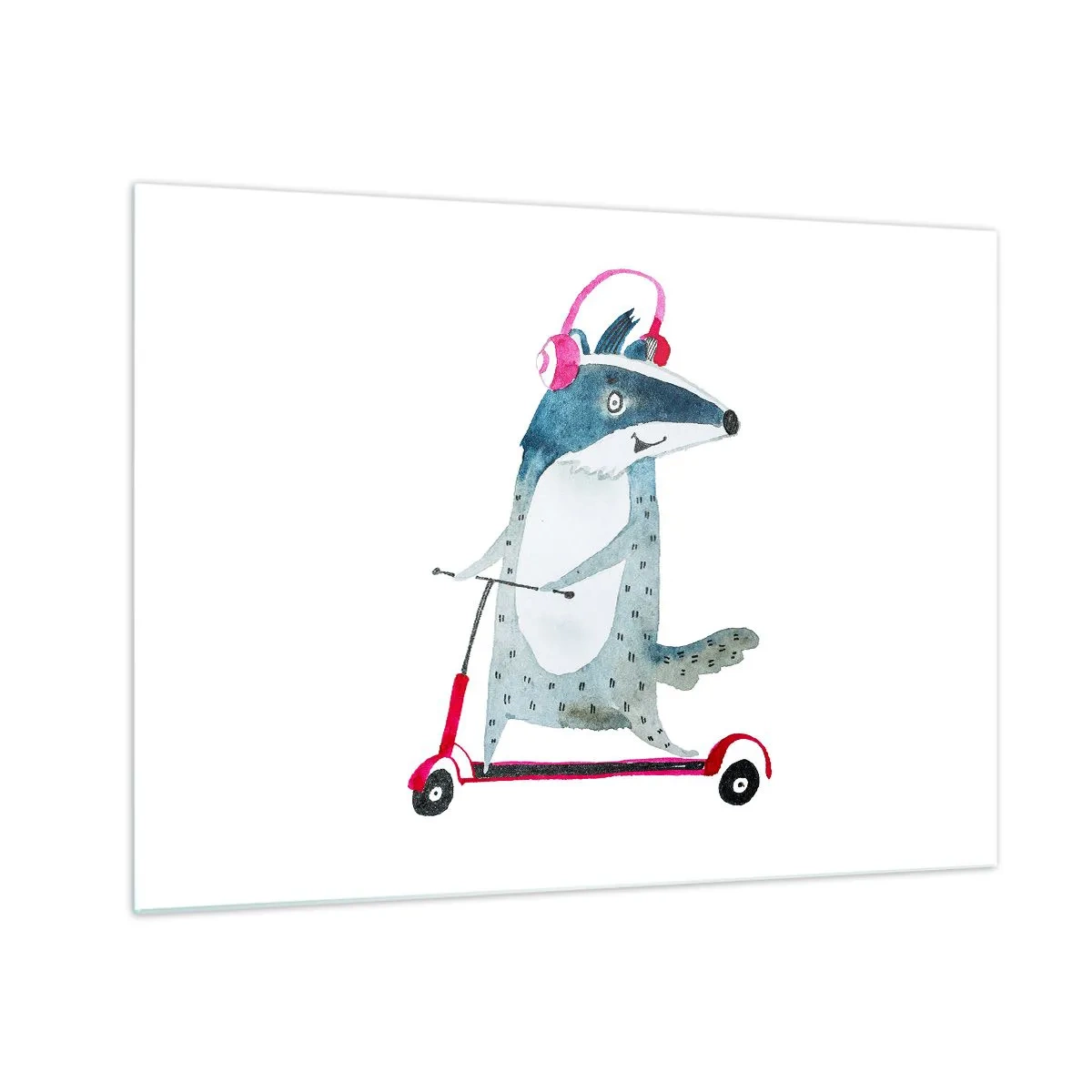 Glasbild - Bild auf glas - Dachs mit Kopfhörern auf einem Aquarell-Roller - 70x50cm - Dachsfreude - Moderne Wanddekoration für Wohnzimmer und Schlafzimmer ARTTOR