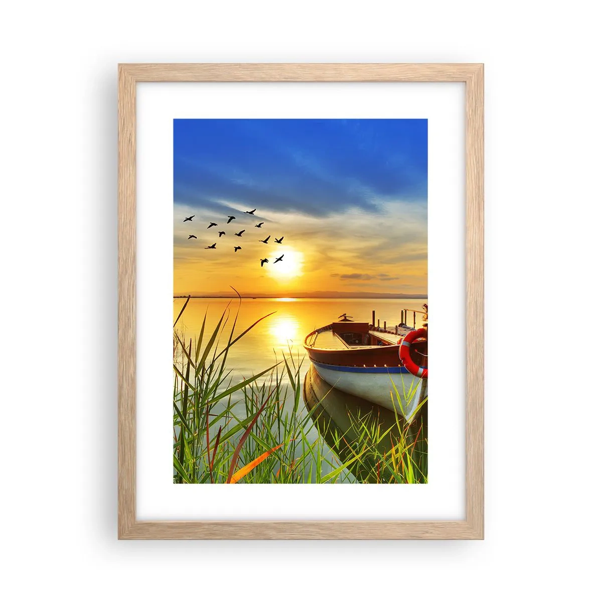 Poster in einem Rahmen aus heller Eiche - Die Kormorane fliegen schon weg - 30x40 cm