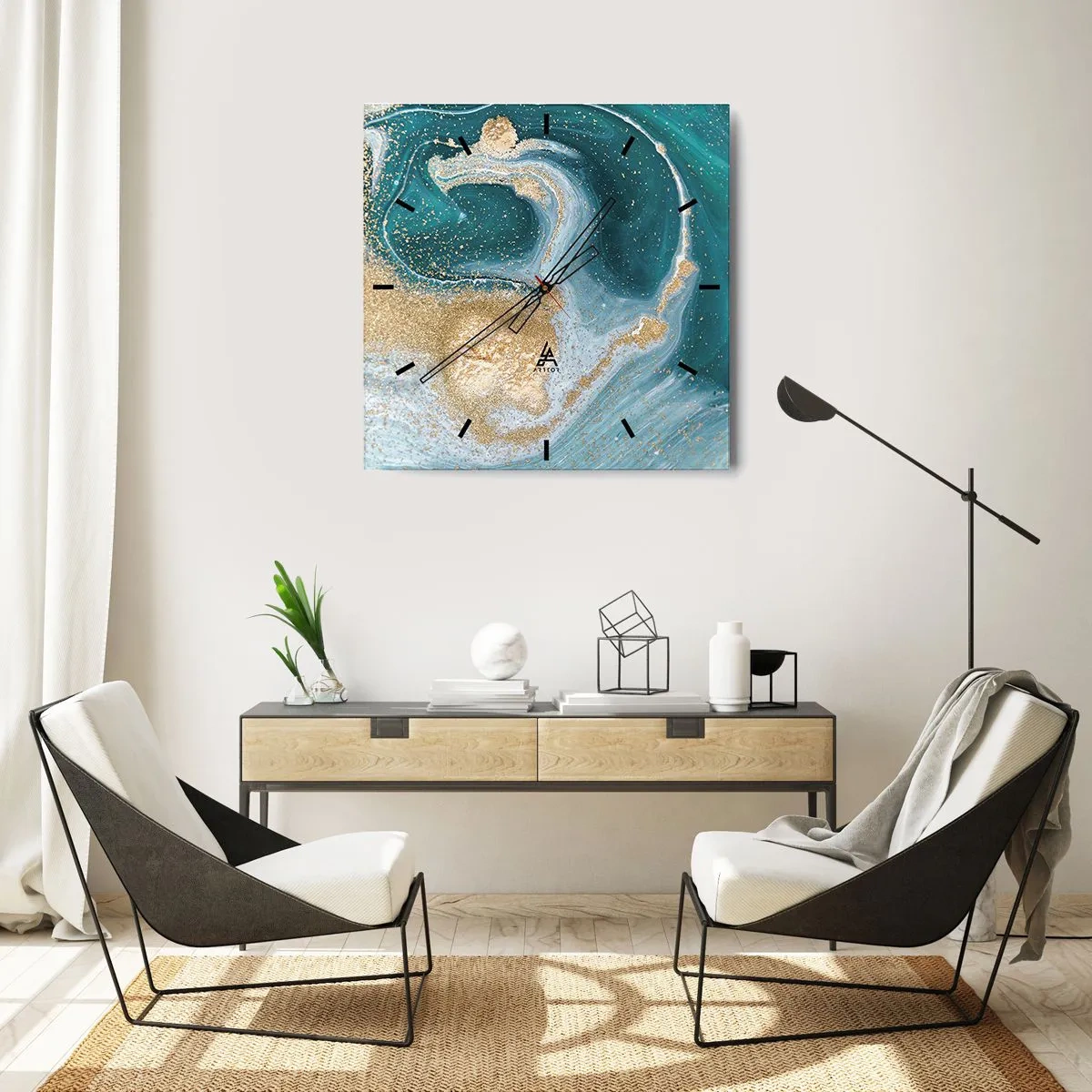 Wanduhr - Glasuhr - Abstrakter Wirbel in Türkis- und Goldtönen - 30x30cm - Ein Strudel aus Gold und Türkis - Moderne Wanddekoration für Wohnzimmer und Schlafzimmer ARTTOR