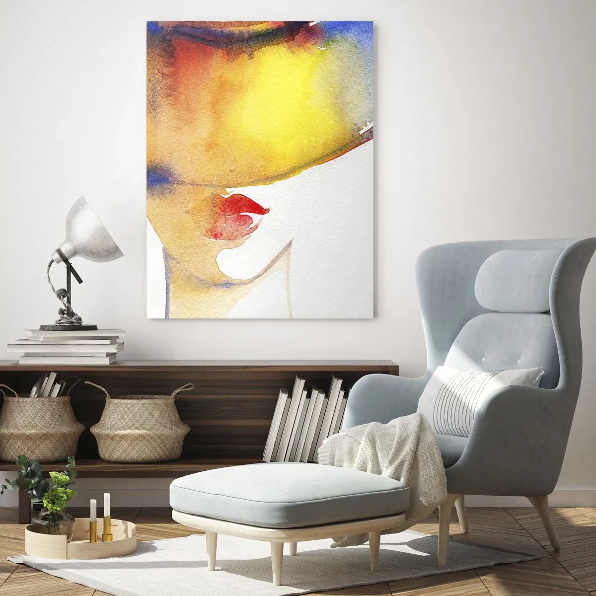 Glasbild - Bild auf glas - Ein minimalistisches Aquarellgemälde des Profils einer Frau mit einem bunten Hut. - 70x100cm - Bildnis einer Dame - Moderne Wanddekoration für Wohnzimmer und Schlafzimmer ARTTOR