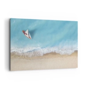 Bild auf Leinwand - Leinwandbild - Eine Vogelperspektive auf ein Boot am Strand - 120x80cm - An der Grenze von Blau und Gold - Moderne Wanddekoration für Wohnzimmer und Schlafzimmer ARTTOR