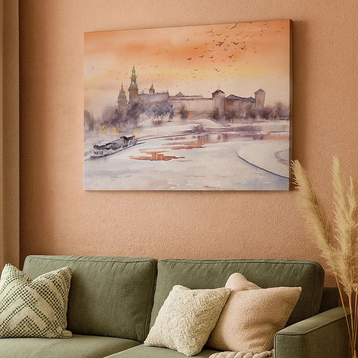 Bild auf Leinwand - Leinwandbild - Sonnenuntergang über dem Schloss in einer Winterlandschaft - 70x50cm - Königlicher Sonnenuntergang - Moderne Wanddekoration für Wohnzimmer und Schlafzimmer ARTTOR