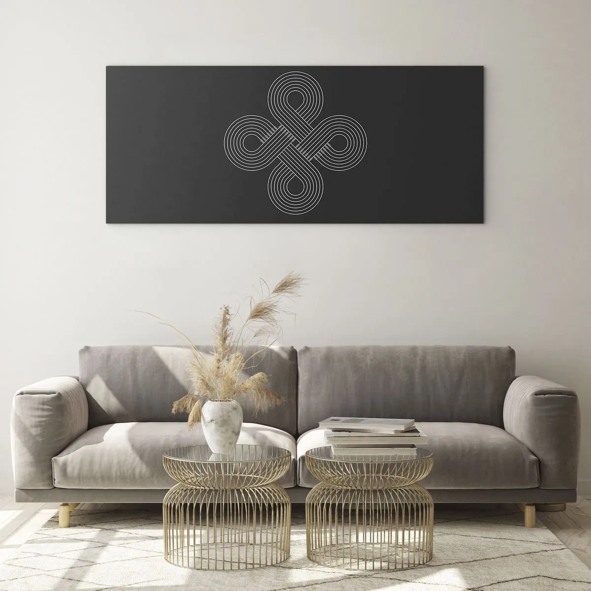 Glasbild - Bild auf glas - Keltisches Muster im minimalistischen Stil auf schwarzem Hintergrund - 140x50cm - Im keltischen Geist - Moderne Wanddekoration für Wohnzimmer und Schlafzimmer ARTTOR