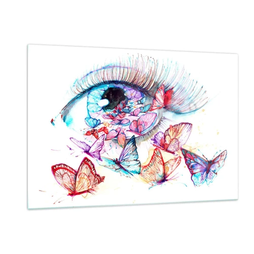 Glasbild - Bild auf glas - Das Auge einer Frau, umgeben von bunten Aquarellschmetterlingen - 120x80cm - Märchenhafter Augenzauber - Moderne Wanddekoration für Wohnzimmer und Schlafzimmer ARTTOR
