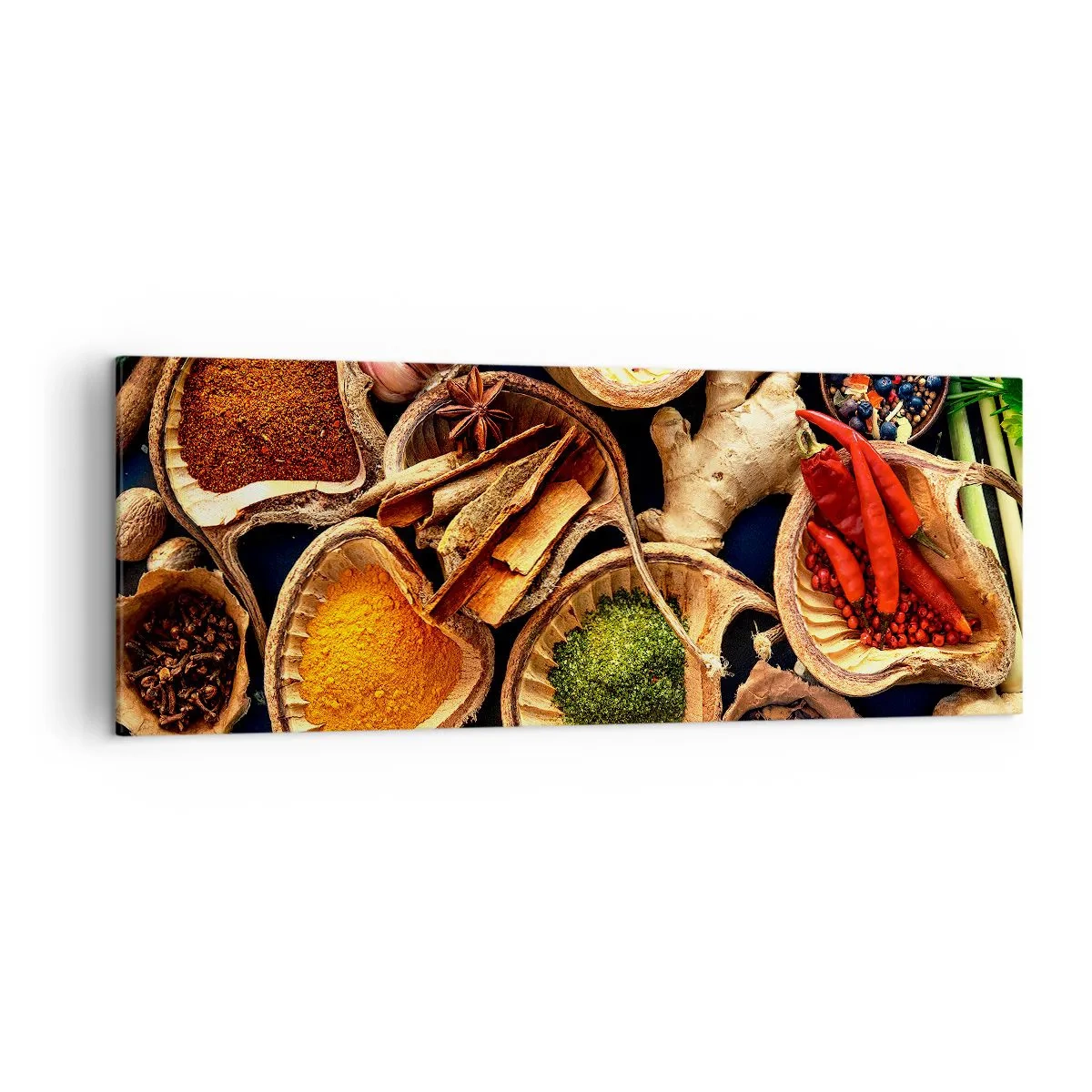 Bild auf Leinwand - Leinwandbild - Schalen mit Gewürzen in verschiedenen Farben - 140x50cm - Nimm was du willst - Moderne Wanddekoration für Wohnzimmer und Schlafzimmer ARTTOR
