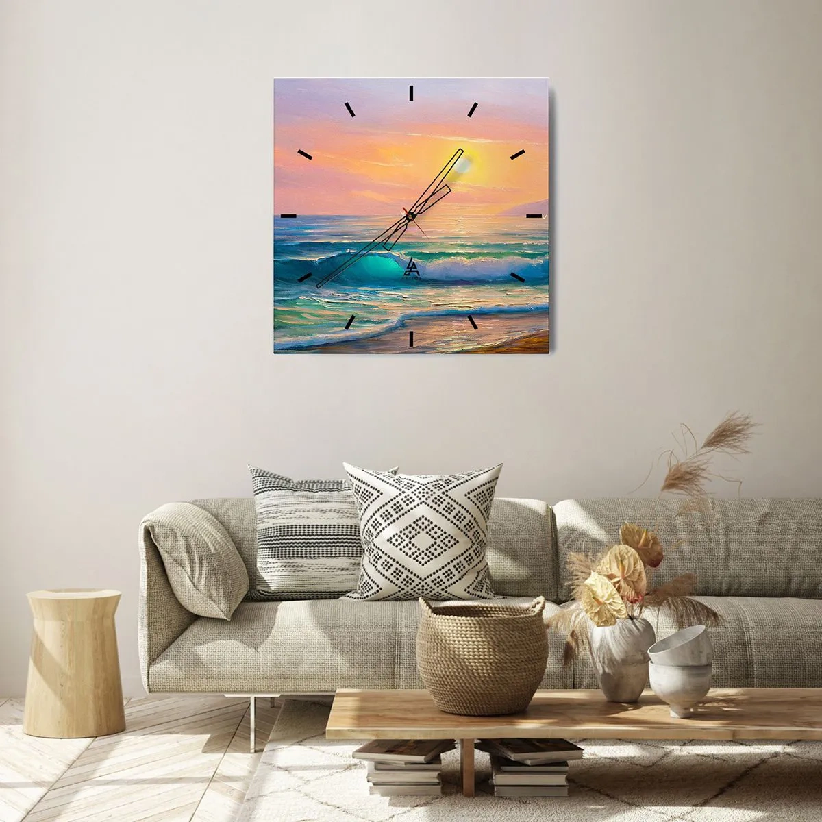 Wanduhr - Glasuhr - Meereslandschaft mit Sonnenuntergang - 30x30cm - Ein türkisfarbenes Lied der Wellen - Moderne Wanddekoration für Wohnzimmer und Schlafzimmer ARTTOR