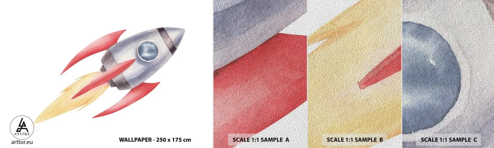 Fototapeten Muster Premium Sand - Höher, schneller, weiter - Eine Weltraumrakete, Kinder, Kosmos - 100x30 cm