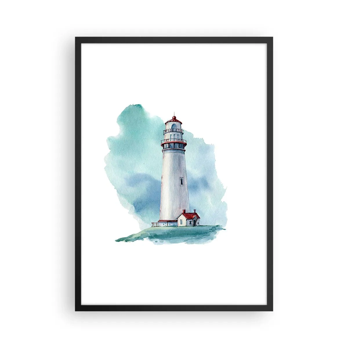 Poster in einem schwarzem Rahmen - Eine malerische Illustration eines Leuchtturms, umgeben von blauem Himmel. - 50x70cm - Sanfte Schwester vom Blau - Moderne Wanddekoration für Wohnzimmer und Schlafzimmer ARTTOR