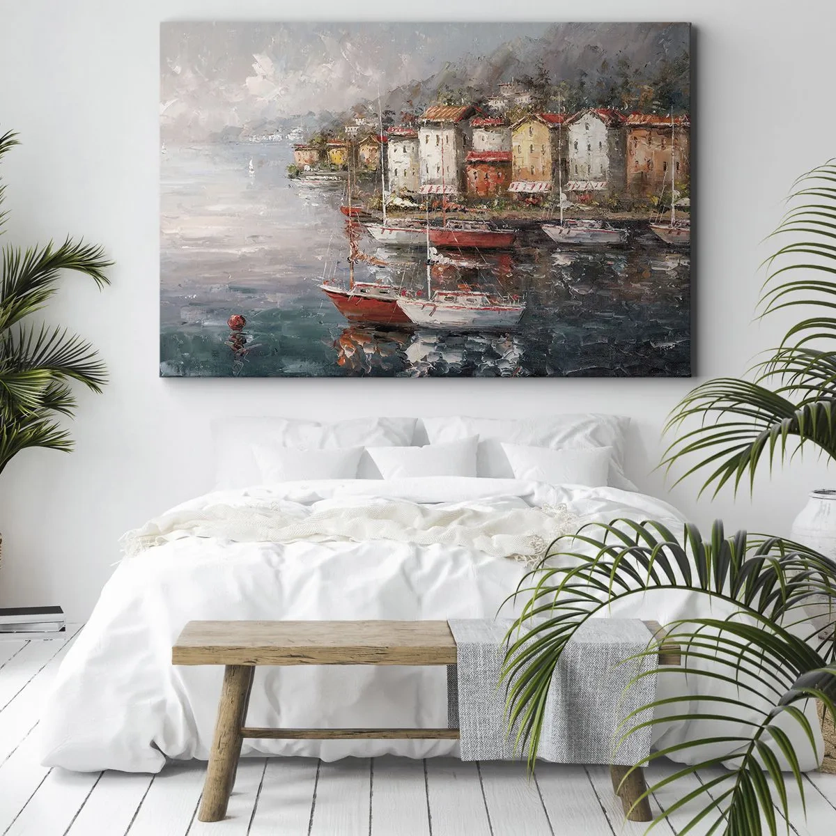Bild auf Leinwand - Leinwandbild - Küstenlandschaft mit Booten und bunten Häusern - 70x50cm - Romantische Oase - Moderne Wanddekoration für Wohnzimmer und Schlafzimmer ARTTOR
