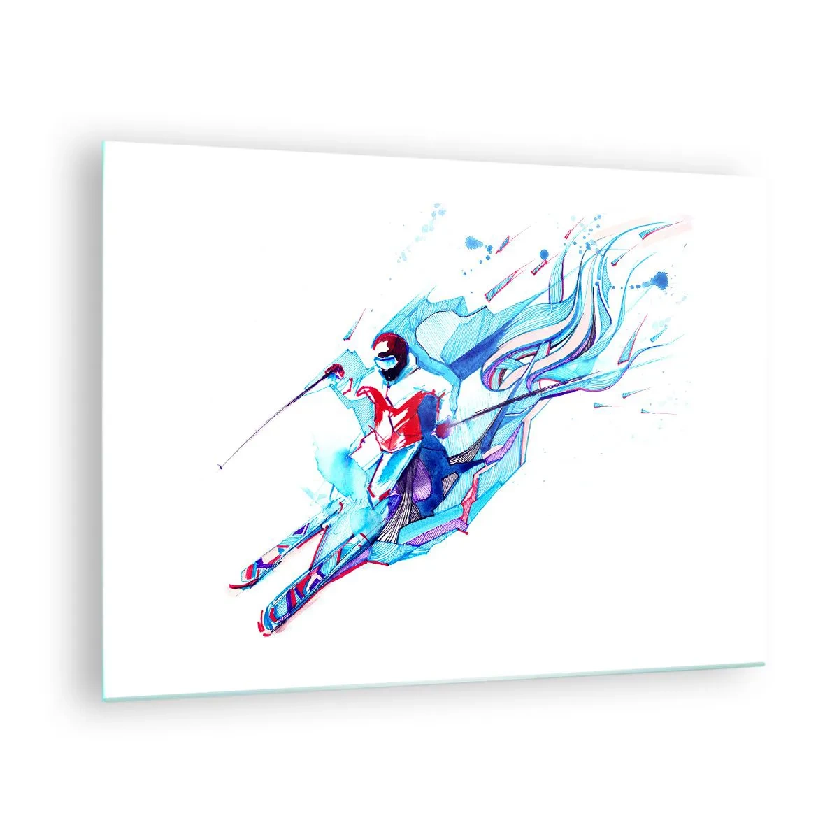 Glasbild - Bild auf glas - Eine dynamische Figur eines Skifahrers in abstrakten Farben - 70x50cm - Verrückter Ansturm vor Freude - Moderne Wanddekoration für Wohnzimmer und Schlafzimmer ARTTOR
