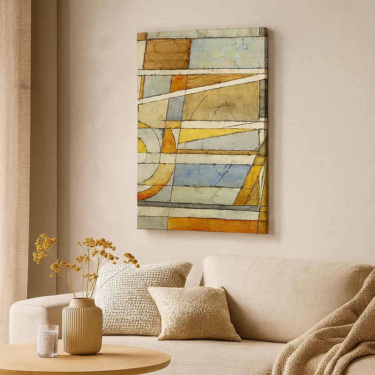 Bild auf Leinwand - Leinwandbild - Geometrische Abstraktion in Beige-, Blau- und Orangetönen - 50x70cm - Kubismus auf der Baustelle - Moderne Wanddekoration für Wohnzimmer und Schlafzimmer ARTTOR