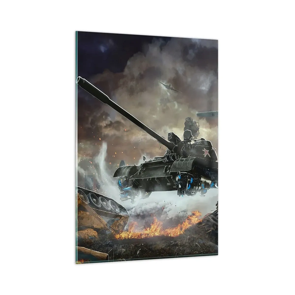 Glasbild - Bild auf glas - Kampfszene mit Panzern und Flugzeugen im Hintergrund - 80x120cm - Der Kampf ist schrecklich und schön - Moderne Wanddekoration für Wohnzimmer und Schlafzimmer ARTTOR