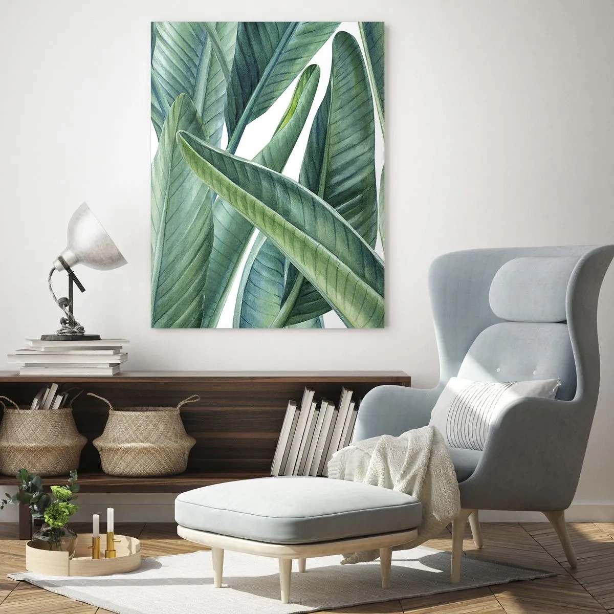 Glasbild - Bild auf glas - Tropische Blätter in Grüntönen - 50x70cm - An und für sich Grün - Moderne Wanddekoration für Wohnzimmer und Schlafzimmer ARTTOR