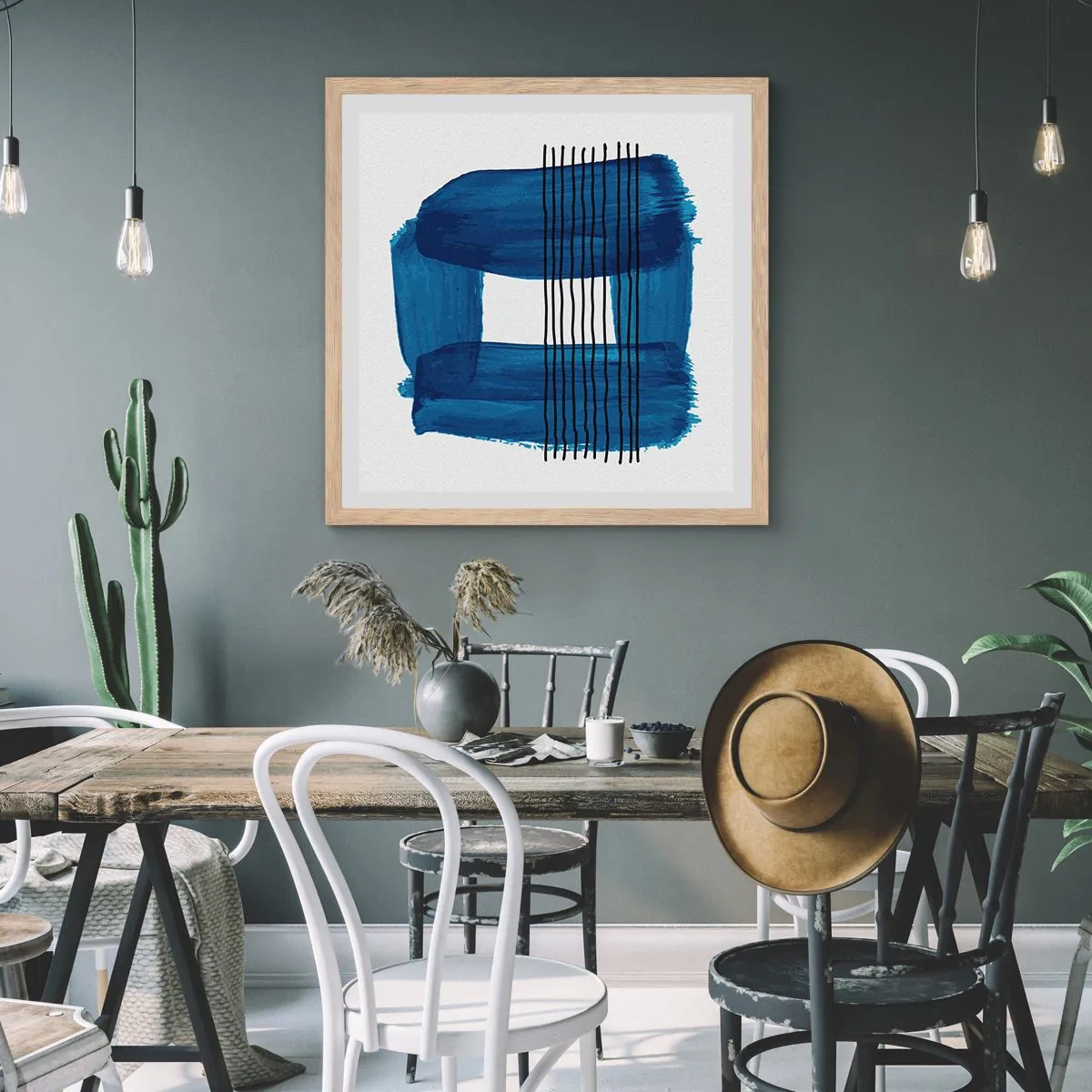 Poster in einem Rahmen aus heller Eiche - Blaue und schwarze Komposition - 40x40 cm