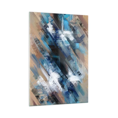 Glasbild - Bild auf glas - Abstrakte diagonale Streifen in Blau-, Weiß- und Beigetönen - 50x70cm - Auf einer blauen Diagonale - Moderne Wanddekoration für Wohnzimmer und Schlafzimmer ARTTOR