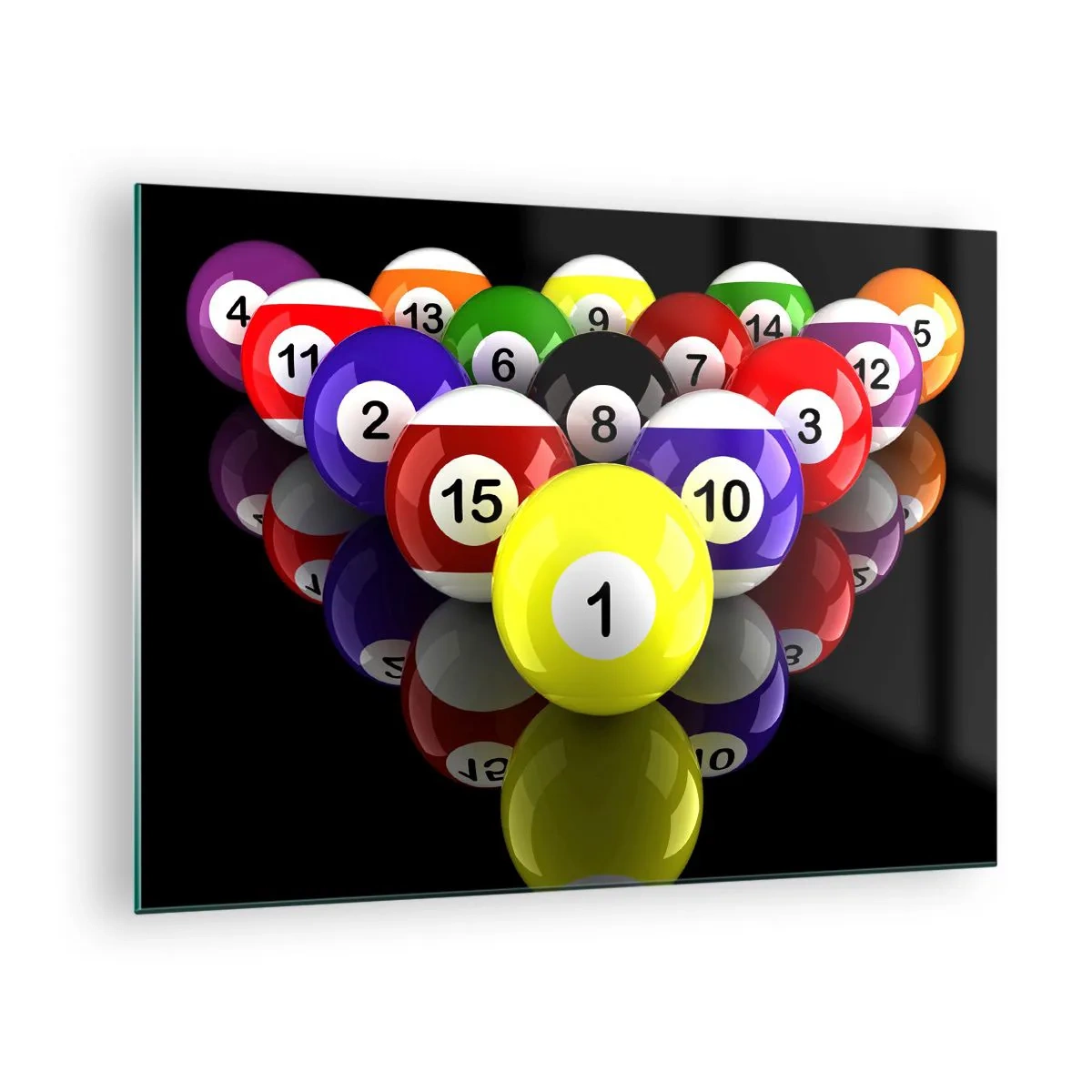 Glasbild - Bild auf glas - Bunte Billardkugeln auf schwarzem Hintergrund angeordnet - 70x50cm - Verschiedene Spielfarben - Moderne Wanddekoration für Wohnzimmer und Schlafzimmer ARTTOR