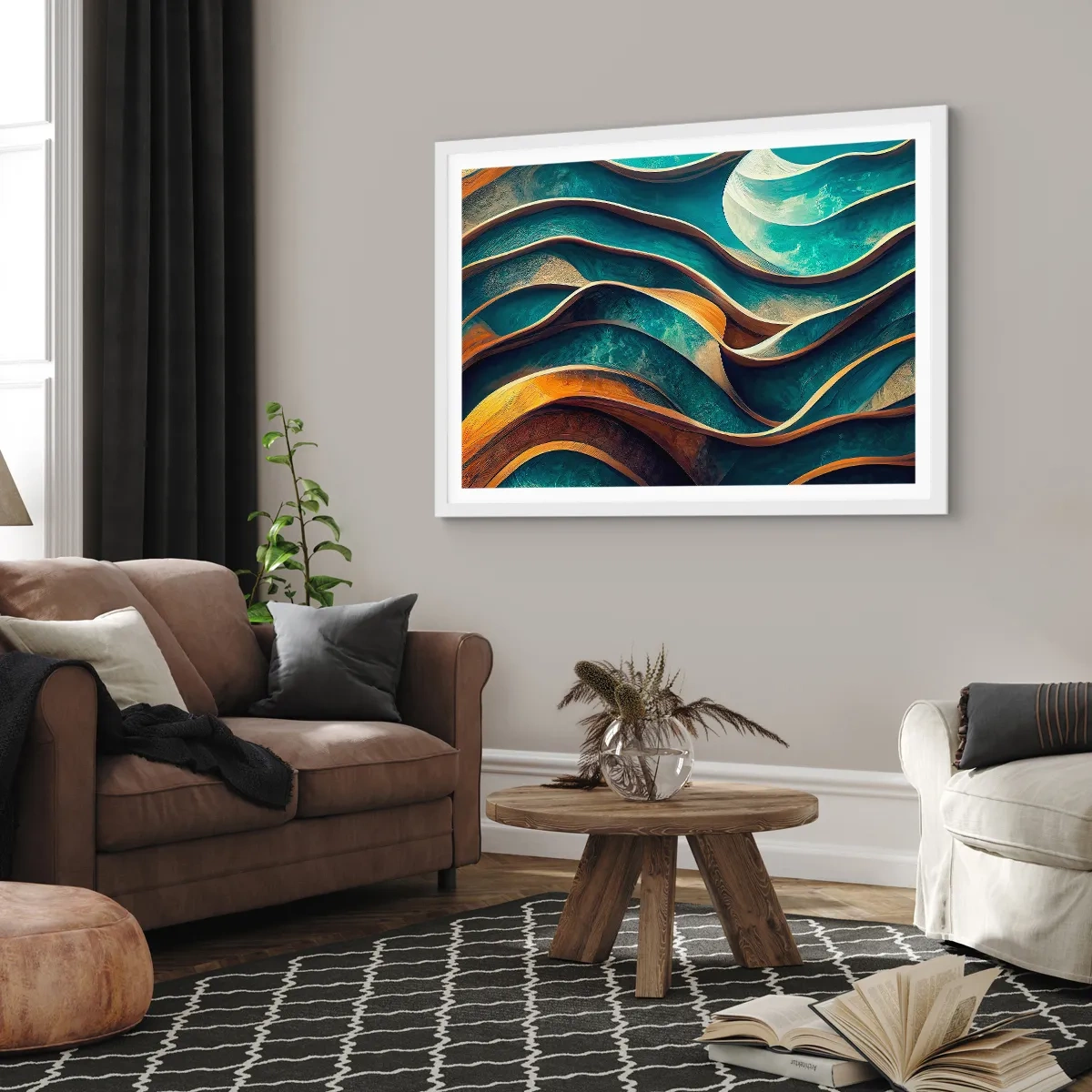 Poster in einem weißen Rahmen - Blaue Mäander - 100x70 cm