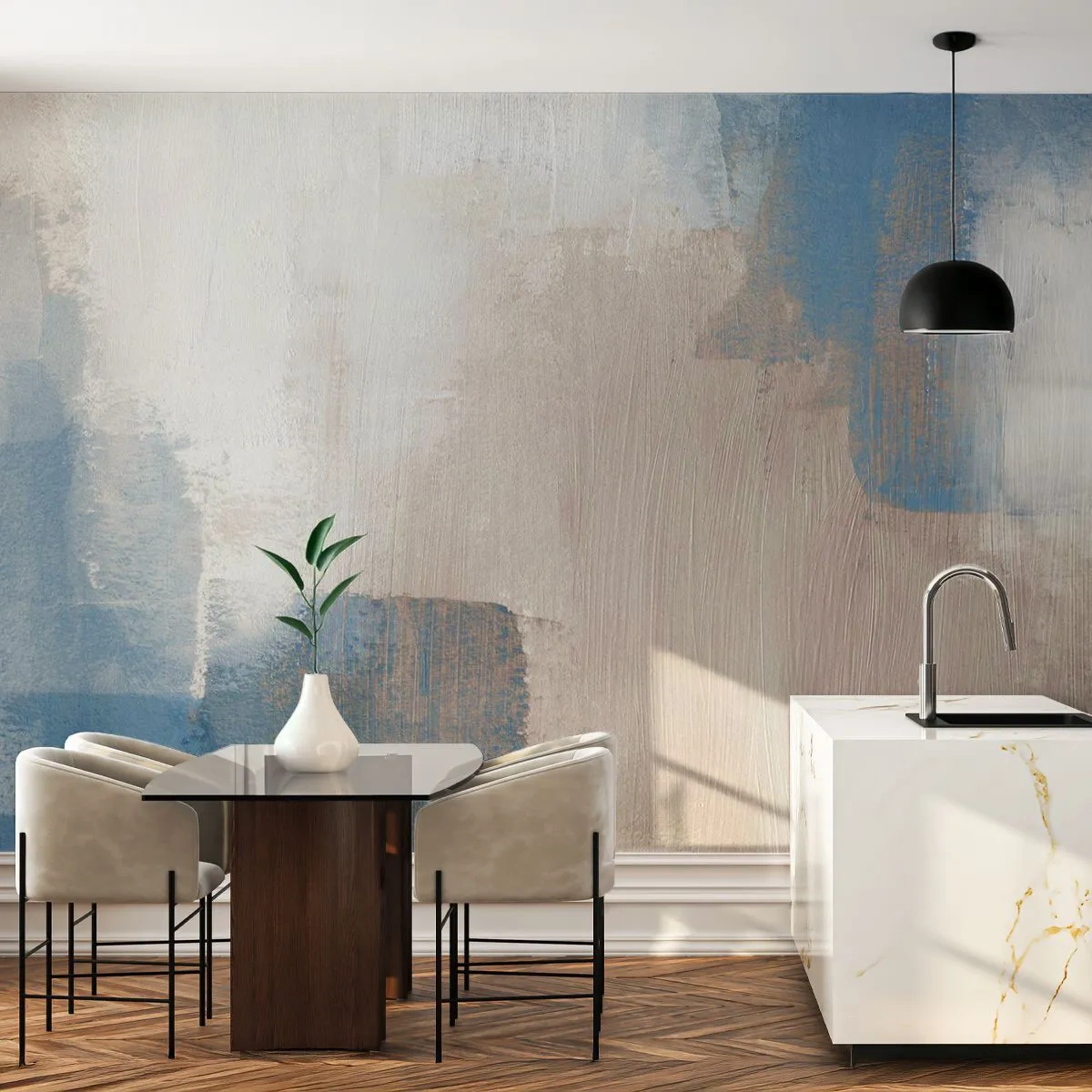 Fototapete Premium Sand - Eine moderne Komposition aus Punkten in Blau- und Beigetönen - 100x70cm - Rosa Abstraktion hinter einem blauen Vorhang - Moderne Wanddekoration für Wohnzimmer und Schlafzimmer ARTTOR