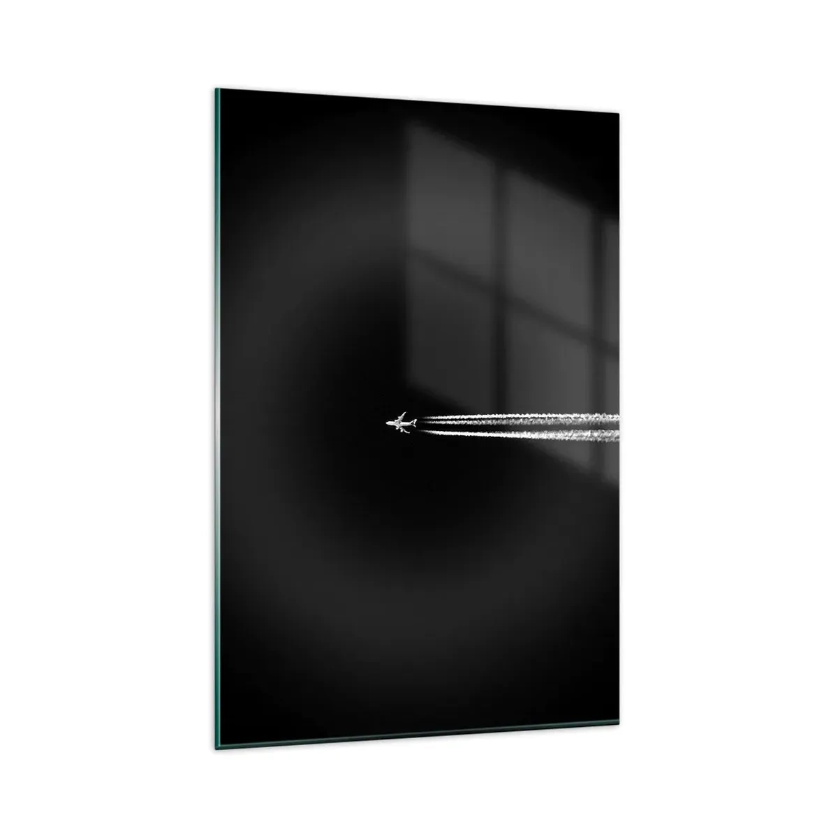 Glasbild - Bild auf glas - Ein Düsenflugzeug mit sichtbarem Kondensstreifen auf schwarzem Hintergrund - 80x120cm - In eine andere Dimension - Moderne Wanddekoration für Wohnzimmer und Schlafzimmer ARTTOR