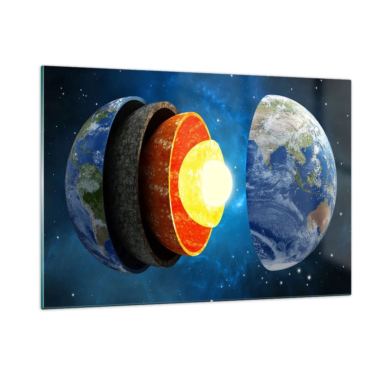 Glasbild - Bild auf glas - Ein Querschnitt der Erde, der ihre Schichten vor dem Hintergrund des Weltraums zeigt. - 120x80cm - Reise zum Mittelpunkt der Erde - Moderne Wanddekoration für Wohnzimmer und Schlafzimmer ARTTOR