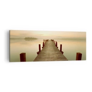 Bild auf Leinwand - Leinwandbild - Ein Holzsteg an einem ruhigen See am Morgen - 140x50cm - Tagesanbruch, Morgendämmerung, Licht - Moderne Wanddekoration für Wohnzimmer und Schlafzimmer ARTTOR