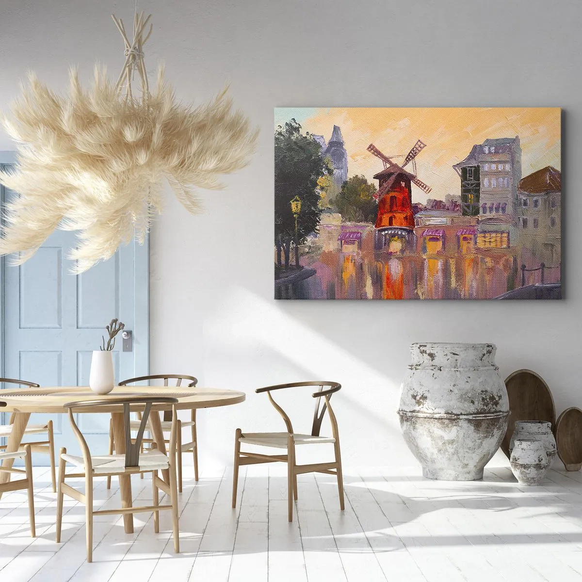 Bild auf Leinwand - Leinwandbild - Die rote Windmühle des Moulin Rouge, umgeben von der Stadtlandschaft - 70x50cm - Pariser Ikonen – Moulin Rouge - Moderne Wanddekoration für Wohnzimmer und Schlafzimmer ARTTOR