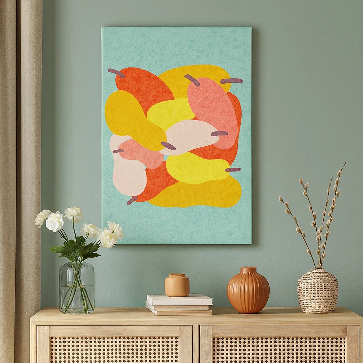 Bild auf Leinwand - Leinwandbild - Bunte abstrakte Birnen auf grünem Hintergrund - 50x70cm - Probieren Sie die Sommersonne - Moderne Wanddekoration für Wohnzimmer und Schlafzimmer ARTTOR