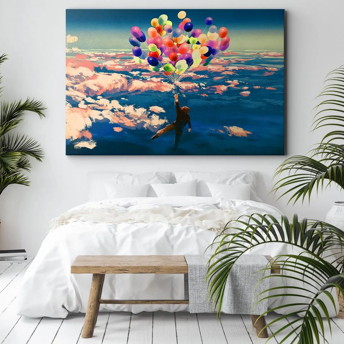 Bild auf Leinwand - Leinwandbild - Eine Figur, die mit bunten Luftballons über den Wolken schwebt - 120x80cm - Ein Kindheitstraum wird wahr - Moderne Wanddekoration für Wohnzimmer und Schlafzimmer ARTTOR