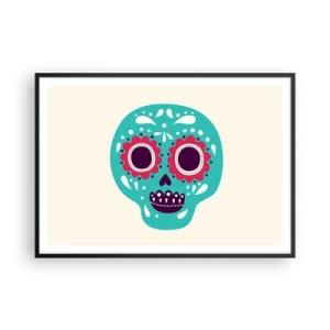 Poster in einem schwarzem Rahmen - Ein türkis-violetter Zuckerschädel, inspiriert von der mexikanischen Kultur - 100x70cm - Das Leben – Spaß bis zum Tod - Moderne Wanddekoration für Wohnzimmer und Schlafzimmer ARTTOR
