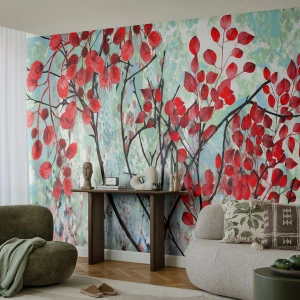 Selbstklebende Fototapete Deluxe Sticker - Baum in Scharlachrot - Abstraktion, Rote Blätter, Zweig - 350x256 cm