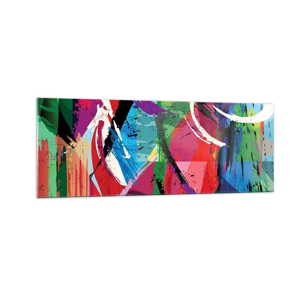 Glasbild - Bild auf glas - Farbenfrohe Abstraktion mit dynamischen Pinselstrichen - 140x50cm - Schnell, spritzig und springt - Moderne Wanddekoration für Wohnzimmer und Schlafzimmer ARTTOR