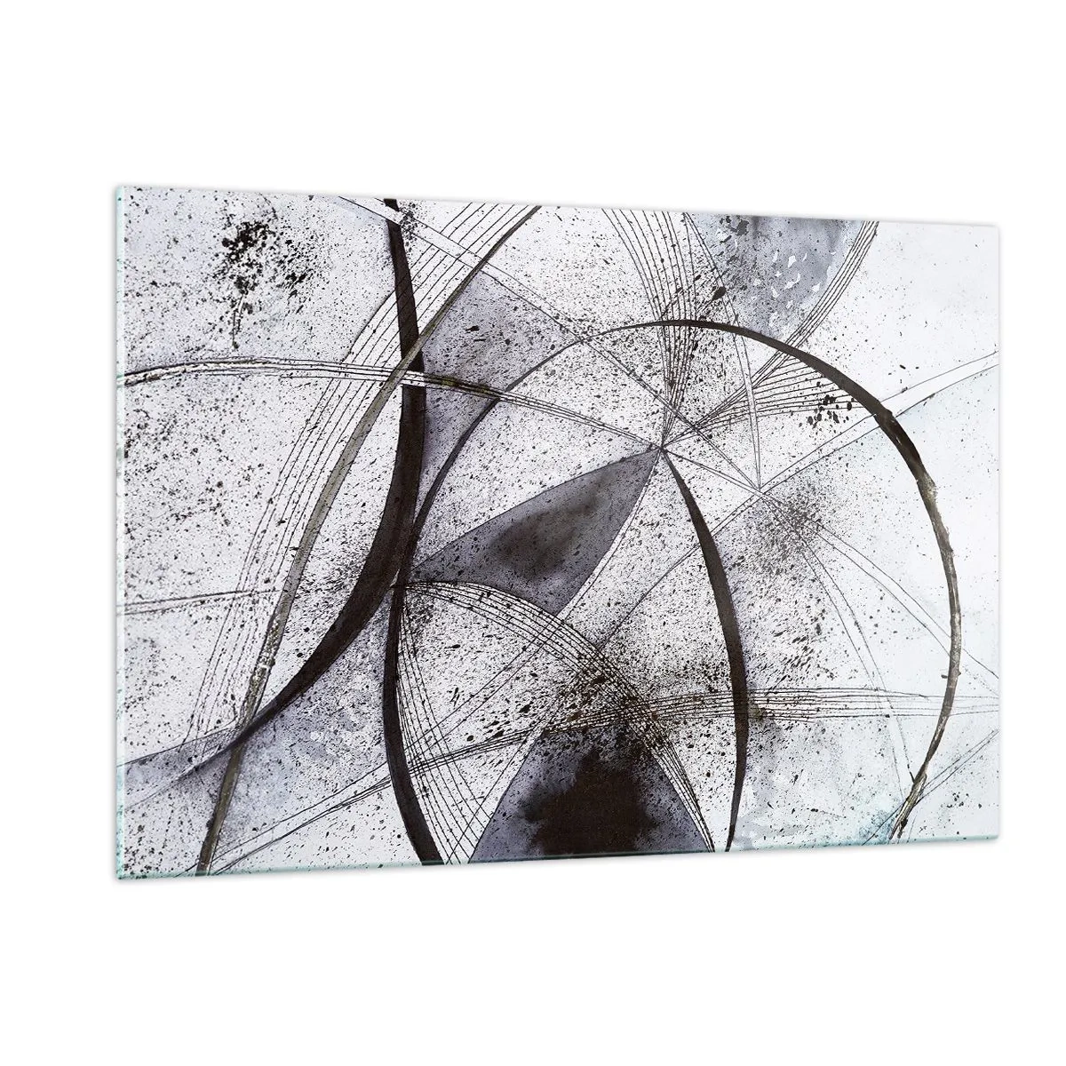 Glasbild - Bild auf glas - Eine Schwarz-Weiß-Komposition aus sich kreuzenden Linien und geometrischen Bögen. - 120x80cm - Futuristische Fantasie - Moderne Wanddekoration für Wohnzimmer und Schlafzimmer ARTTOR