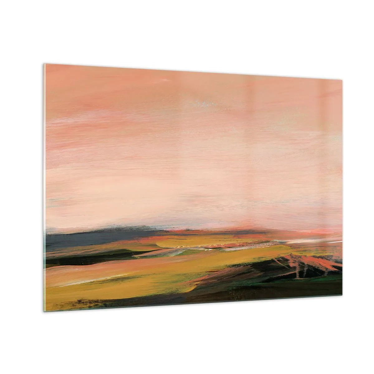 Glasbild - Bild auf glas - Eine abstrakte Landschaft in Rosa- und Grüntönen. - 100x70cm - In Rosatönen - Moderne Wanddekoration für Wohnzimmer und Schlafzimmer ARTTOR