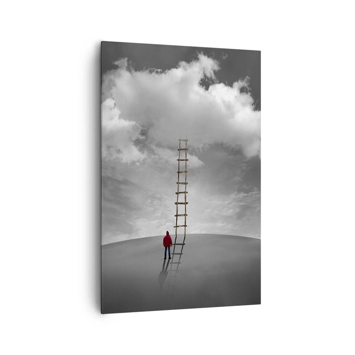 Bild auf Leinwand - Leinwandbild - Eine Person in einem roten Mantel und eine Leiter, die zu einer Wolke führt - 80x120cm - Alles ist möglich - Moderne Wanddekoration für Wohnzimmer und Schlafzimmer ARTTOR